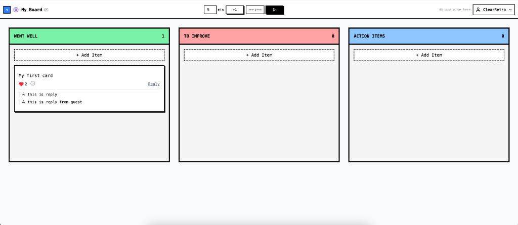 Clear Retro Board Interface - Retrospective tool showing Went Well, To Improve, and Action Items columns