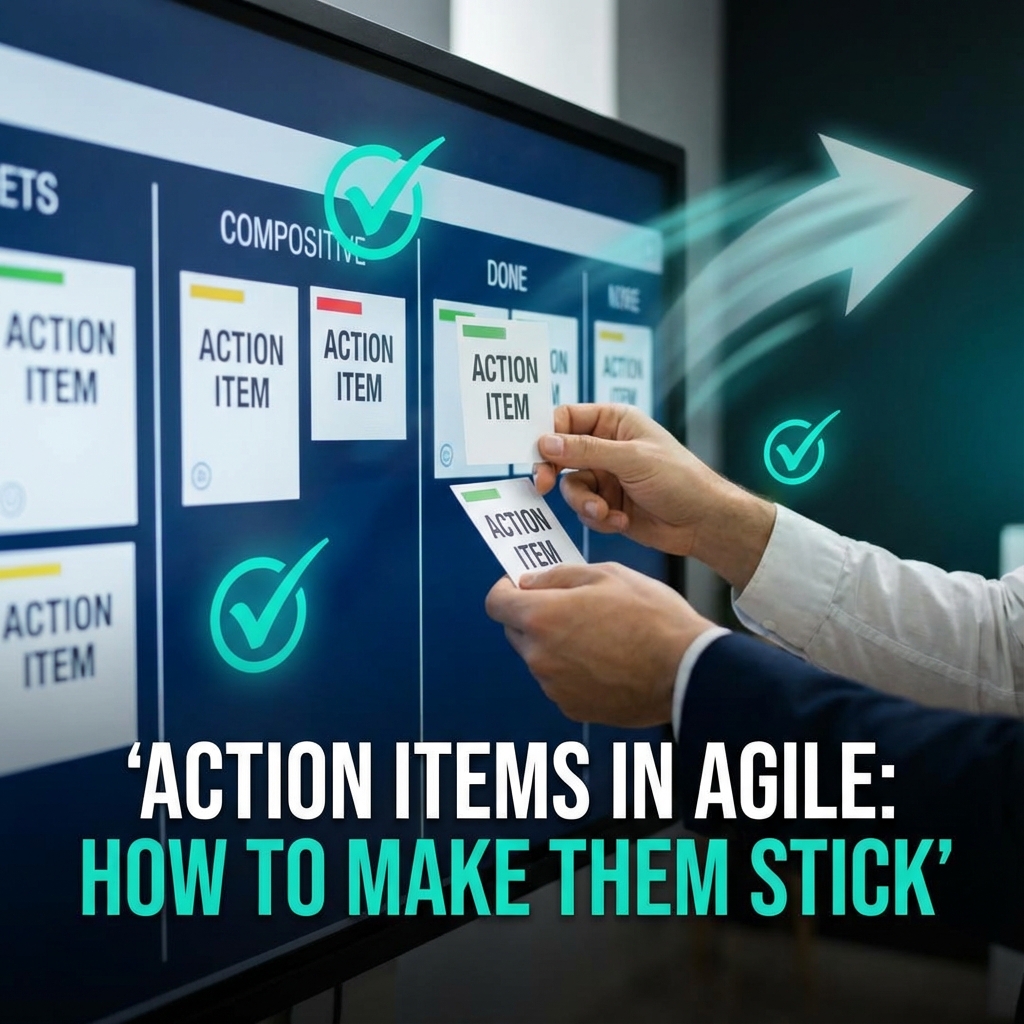 Team reviewing action items on a Kanban board