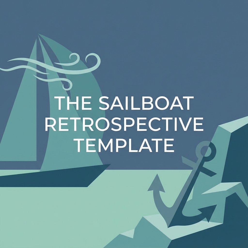 Sailboat retrospective diagram with wind, anchors, rocks, and island