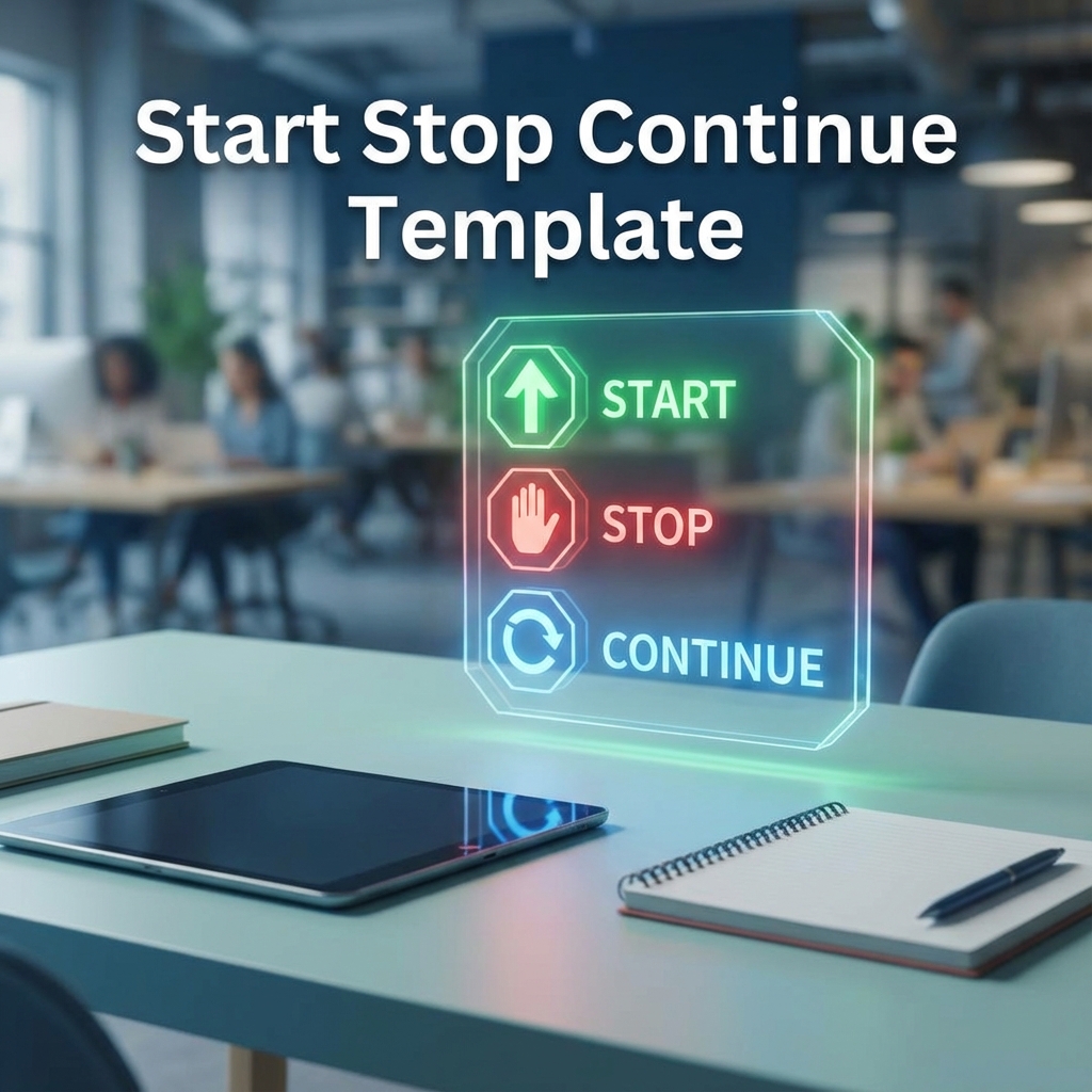 Start Stop Continue retrospective board with sticky notes