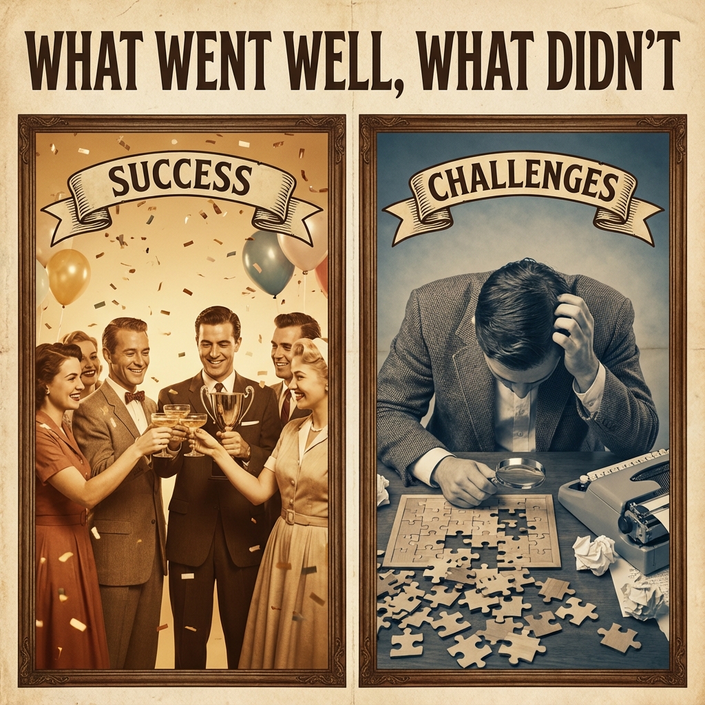 Team brainstorming what went well and what didnt on a whiteboard